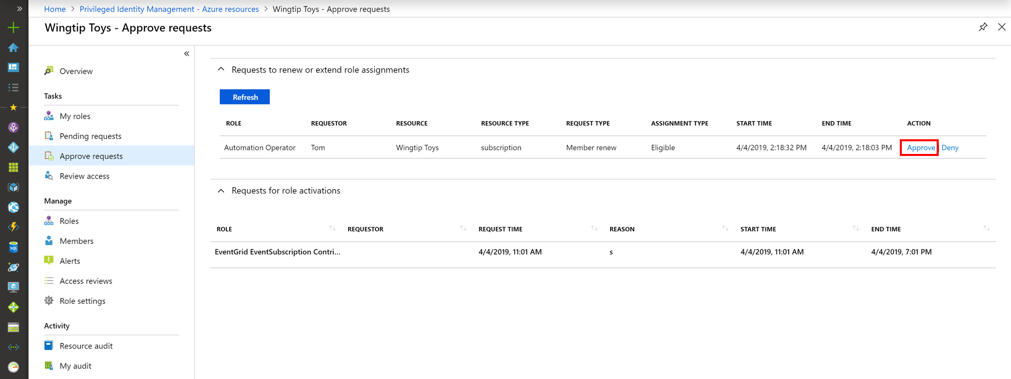 Capture d’écran de ressources Azure : page Approuver les demandes répertoriant les requêtes et les liens en attente d’approbation ou de refus.