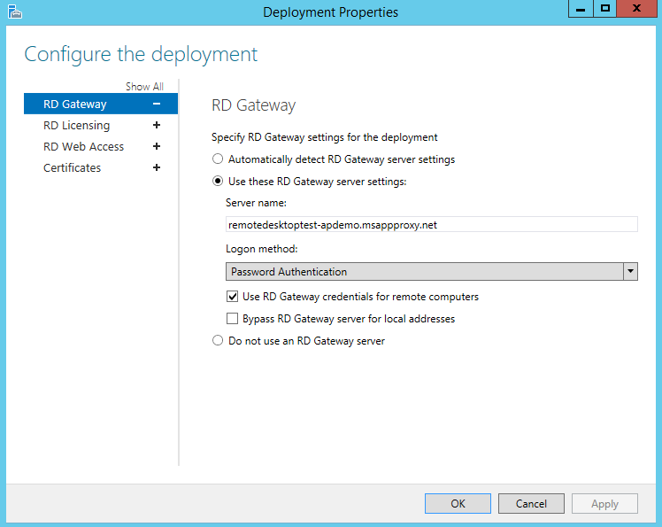 Deployment Properties screen on RDS