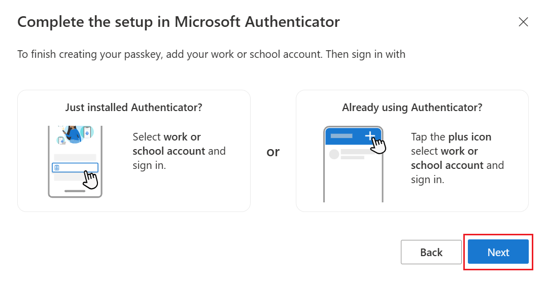 Capture d’écran de l’Assistant pour terminer la configuration de la clé d’accès dans Authenticator sur Android.