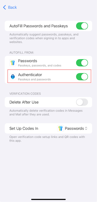 Capture d’écran de l’option d’activation de la prise en charge de clé d’accès dans Microsoft Authenticator pour les appareils iOS.