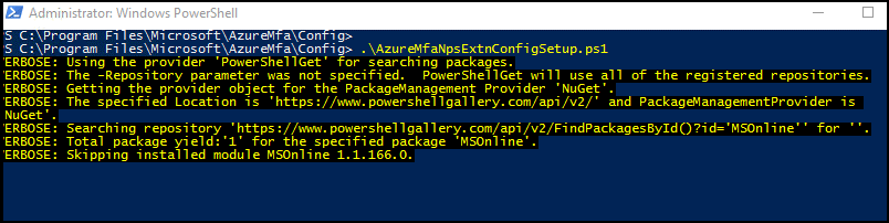 Exécution d’AzureMfaNpsExtnConfigSetup.ps1 dans PowerShell