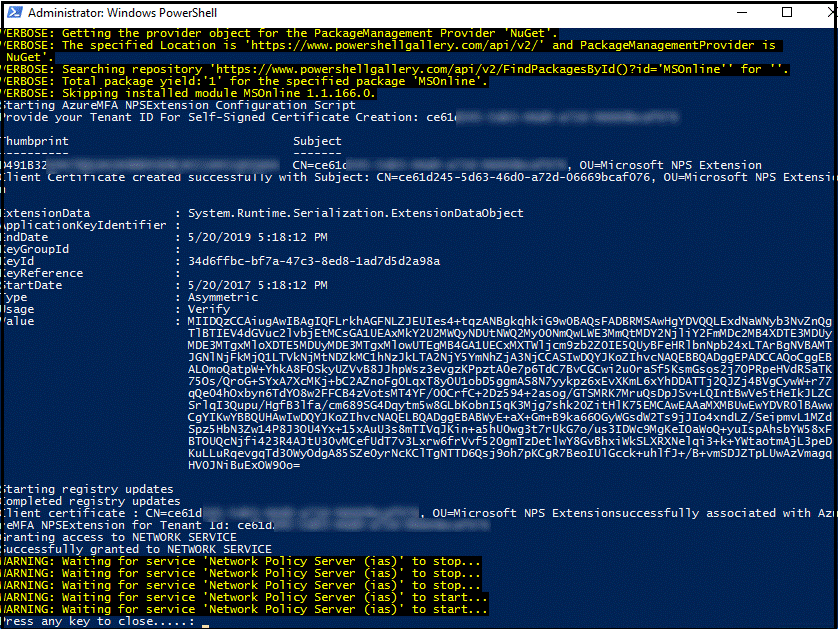 Fenêtre PowerShell affichant le certificat auto-signé