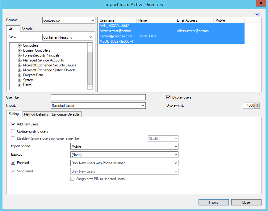 Importation des utilisateurs de MFA Server à partir d’Active Directory