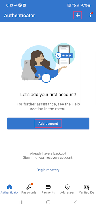 Capture d’écran montrant comment s’inscrire dans Microsoft Authenticator pour les appareils Android.