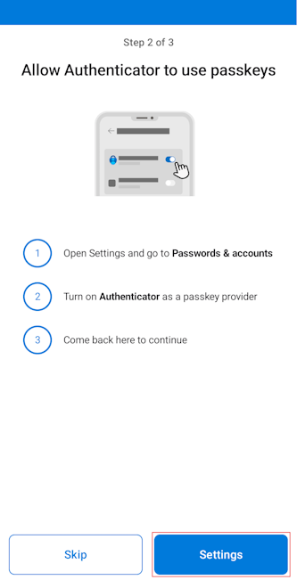 Capture d’écran montrant l’option Ouvrir les paramètres, et les instructions à suivre dans Microsoft Authenticator pour les appareils Android.