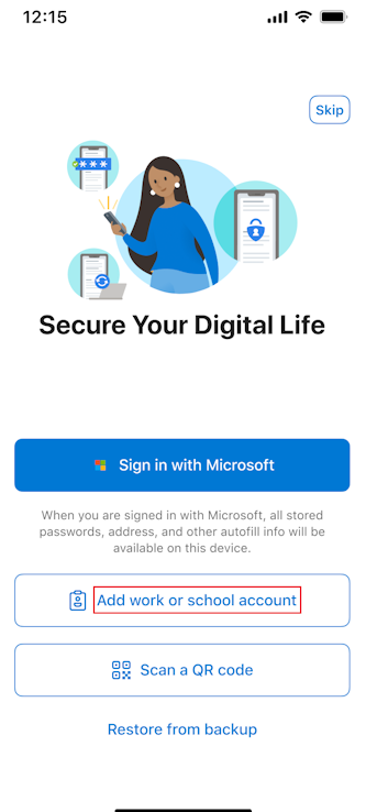 Capture d’écran du premier écran de Microsoft Authenticator pour les appareils iOS.