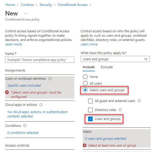 Capture d’écran de la page de création d’une stratégie, où vous sélectionnez des options pour spécifier les utilisateurs et les groupes.