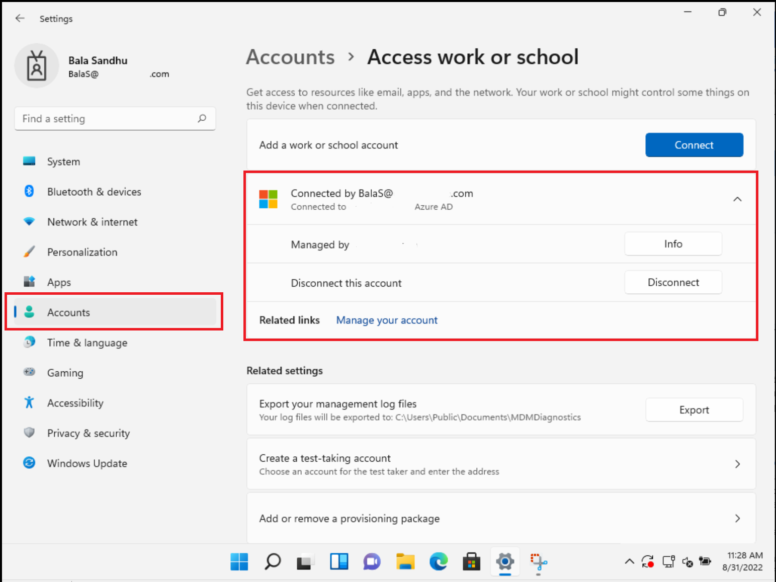 Capture d’écran de l’application Paramètres Windows 11 montrant la connexion actuelle.