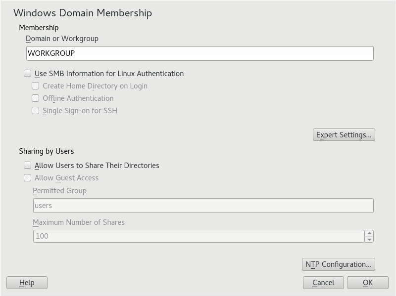 Exemple de capture d’écran de la fenêtre Windows Domain Membership dans YaST