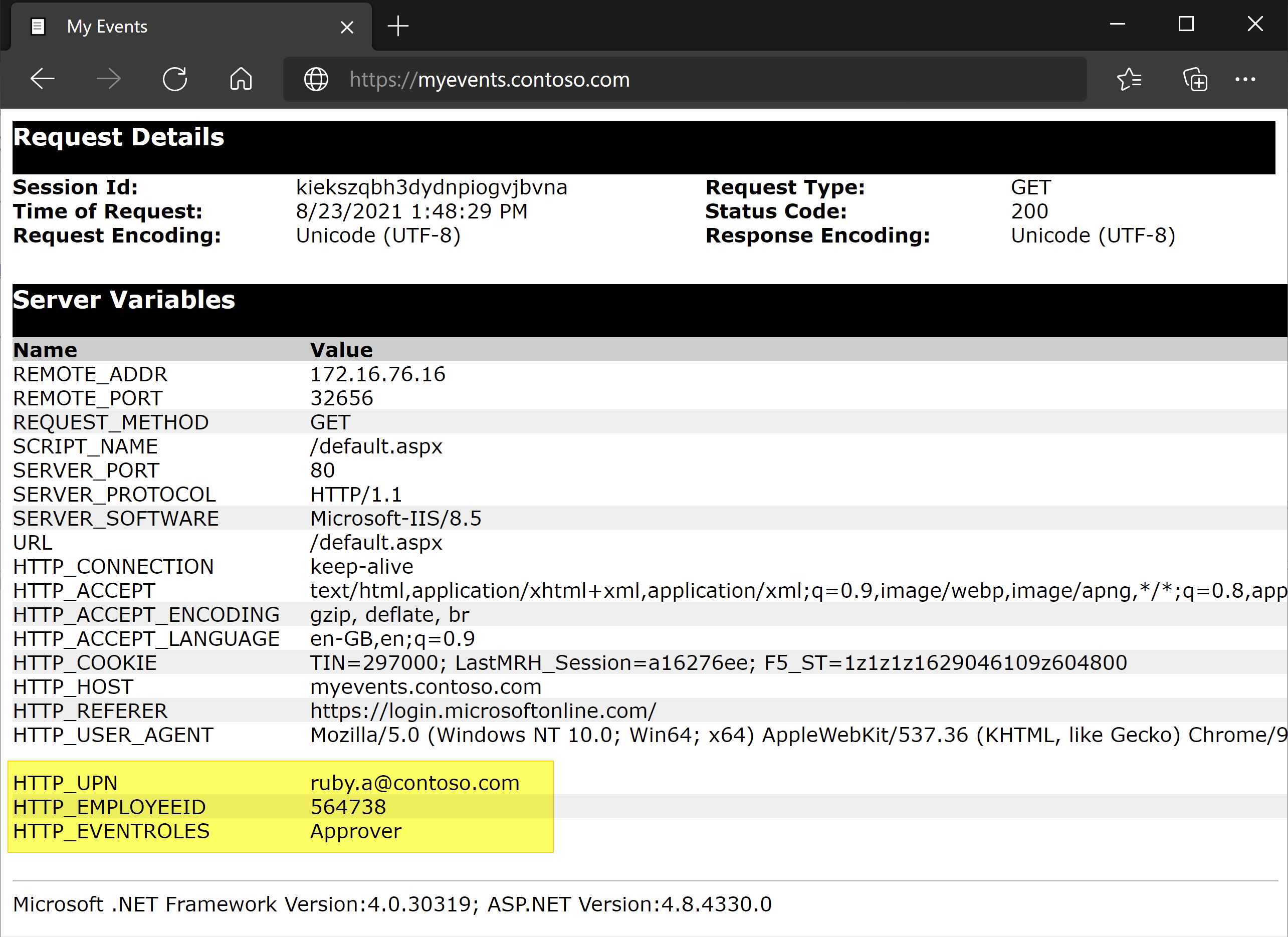 Capture d’écran de l’UPN, de l’ID d’employé et des rôles d’événement sous Server Variables.