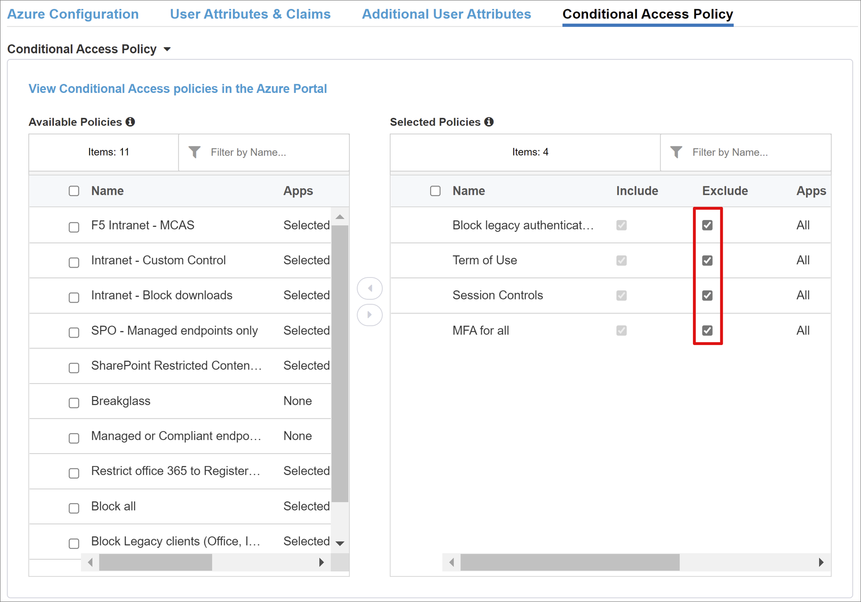 Capture d’écran de l’option Exclude sélectionnée pour les stratégies dans Selected Polices.