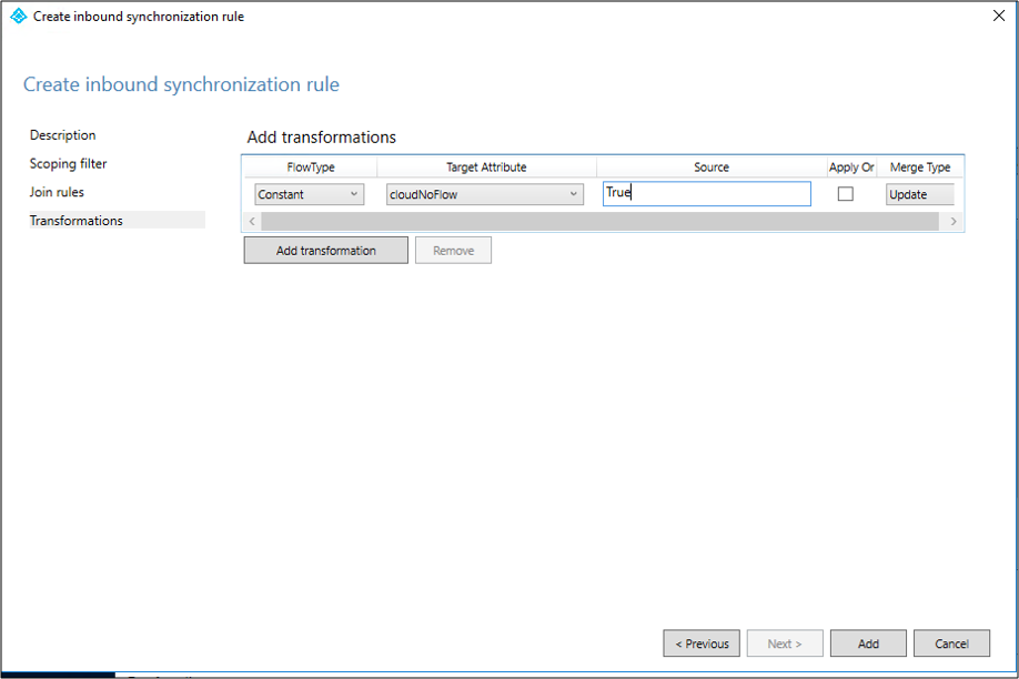 Capture d’écran montrant la page « Create inbound synchronization rule - Transformations » (Créer une règle de synchronisation de trafic entrant - Transformations) avec un flux « Constant transformation » (Transformation constante) ajouté.