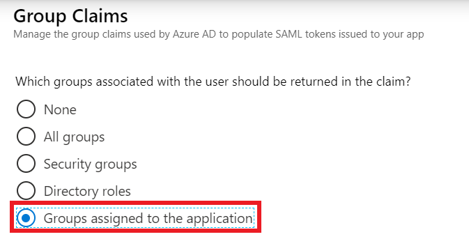 Capture d’écran montrant la fenêtre Revendications de groupe avec l’option Groupes affectés à l’application sélectionnée.