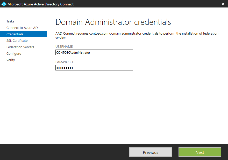 Capture d’écran montrant la page « Se connecter à Microsoft Entra ID » avec des exemples d’informations d’identification entrées.