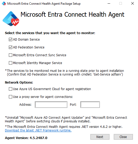 Capture d’écran montrant la fenêtre d’installation de l’agent Microsoft Entra Connect Health pour AD DS.