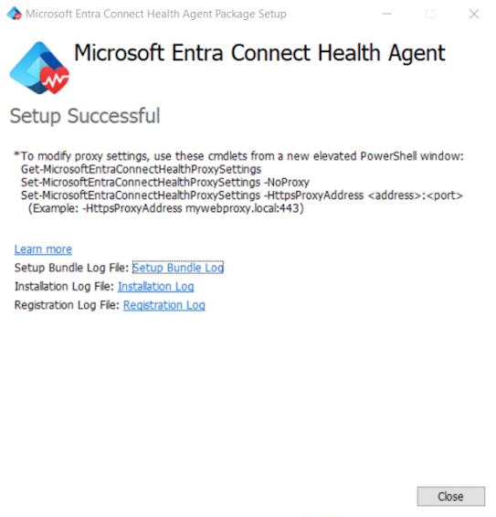 Capture d’écran montrant le message de confirmation de l’installation de l’agent Microsoft Entra Connect Health AD FS.