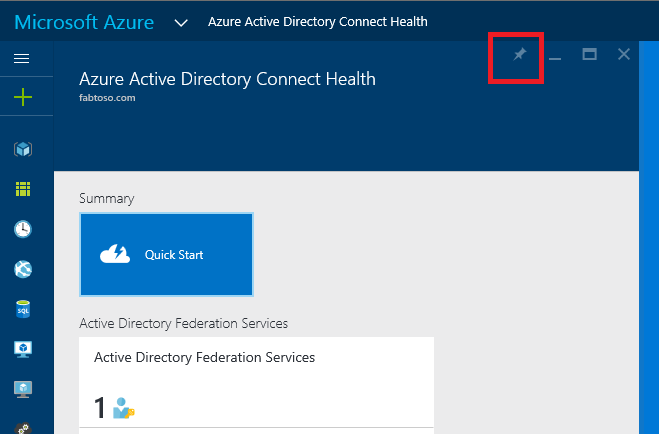 Capture d’écran de Microsoft Entra Connect Health et du panneau d’épinglage de RBAC Azure, avec l’icône d’épingle en surbrillance