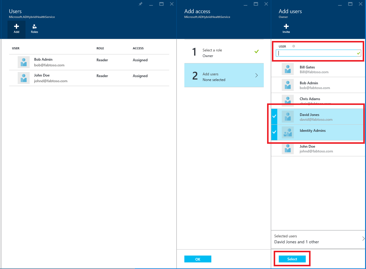 Capture d’écran de Microsoft Entra Connect Health et de la liste de rôles Azure