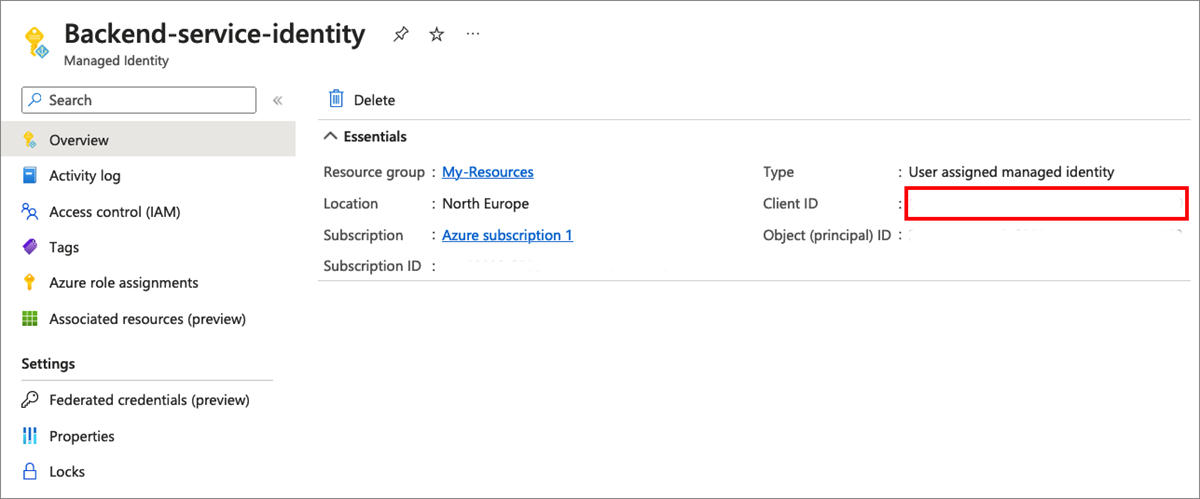 Capture d’écran montrant comment copier l’ID client de l’identité managée.