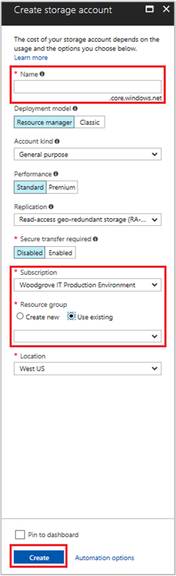 Capture d'écran montrant comment créer un compte de stockage.