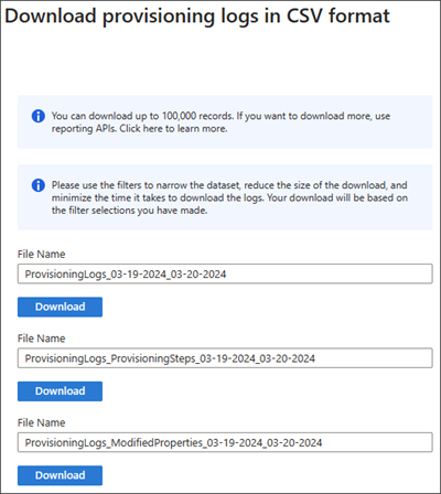 Capture d’écran des options de téléchargement des journaux d’approvisionnement.