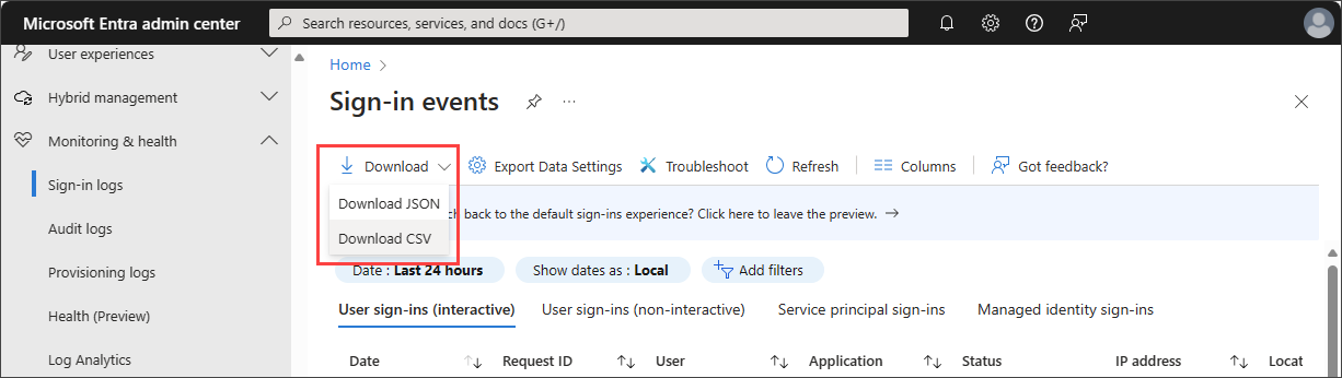 Capture d’écran des options du bouton de téléchargement pour les journaux de connexion.