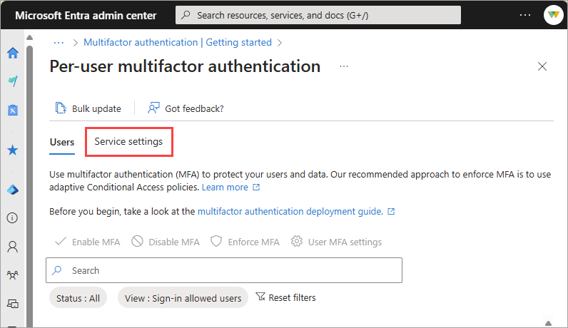 Capture d’écran de la page MFA avec l’onglet Paramètres du service sélectionné.