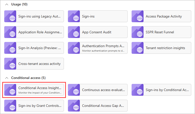 Capture d’écran montre l’option Insights et rapports sur l’accès conditionnel.