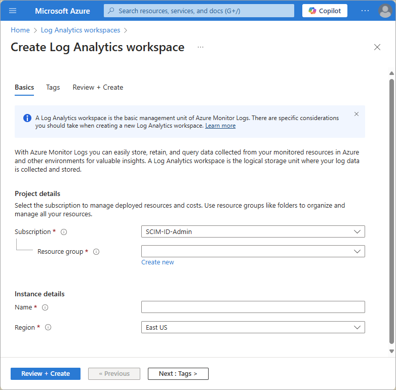 Capture d’écran de la page détails de la création d’un espace de travail Log Analytics.