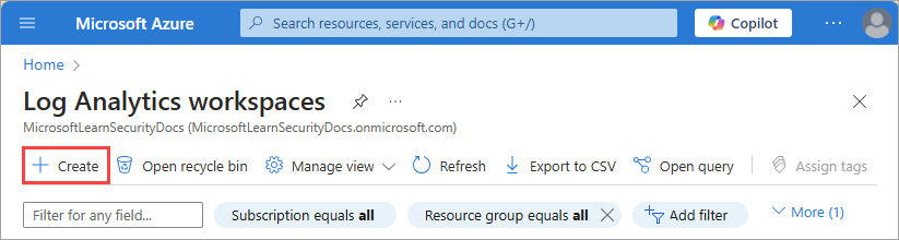Capture d’écran du bouton Créer dans la page des espaces de travail Log Analytics.