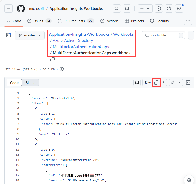 Capture d’écran du référentiel GitHub avec le bouton navigation et copier le fichier mis en évidence.