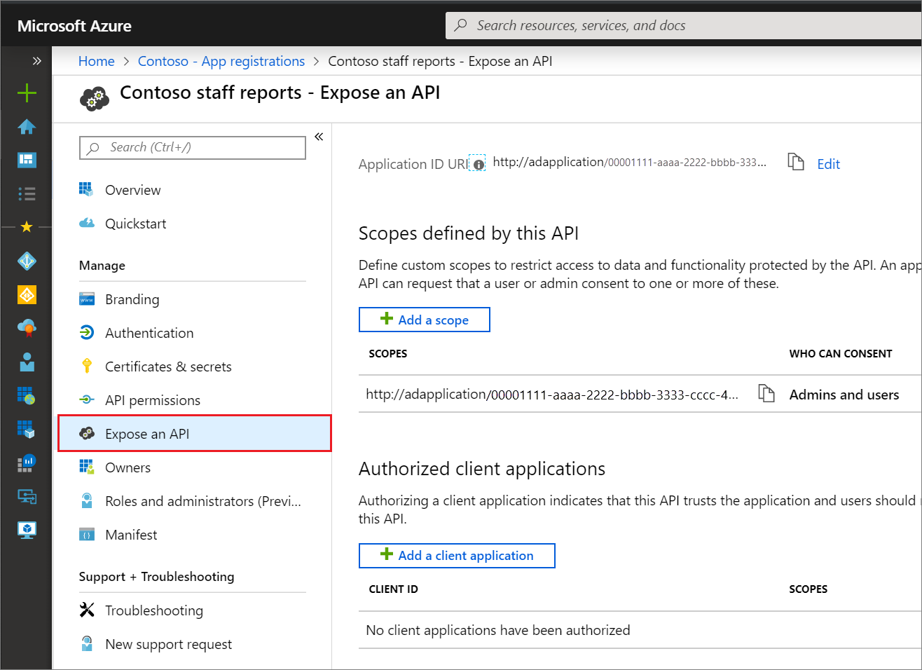 Cette autorisation accorde l’accès à la page Exposer une API de l’inscription d’application