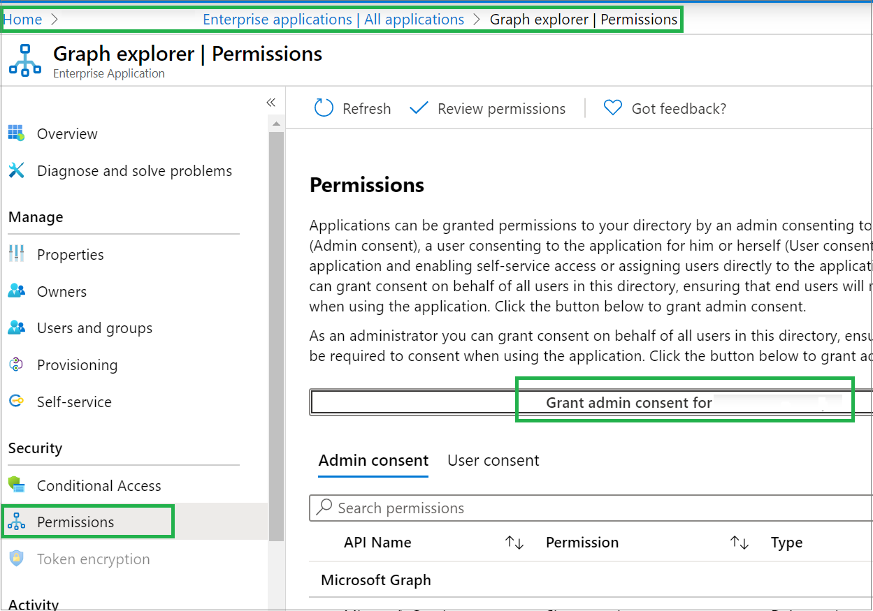 Capture d’écran montrant le lien « Accorder un consentement administrateur pour Afficheur Graph ».