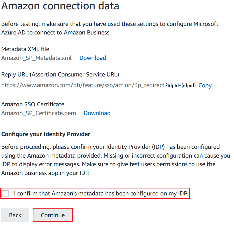 Capture d’écran montrant Amazon connection data, où vous pouvez cliquer sur Next pour continuer.