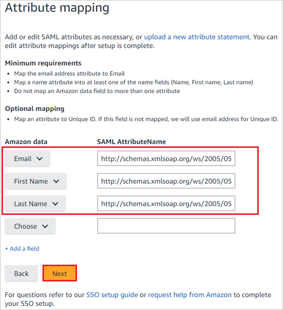 Capture d’écran montrant Attribute mapping, où vous pouvez modifier vos noms d’attributs SAML de données Amazon.