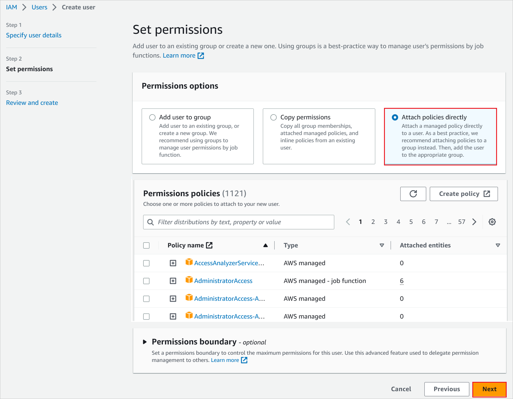 Capture d’écran montrant la page Ajouter un utilisateur, où vous pouvez créer une stratégie pour l’utilisateur.