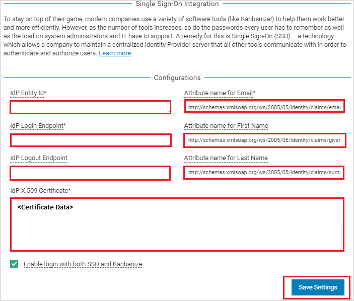 Capture d’écran montrant la page Edit Single Sign-On Integration dans laquelle vous pouvez entrer les valeurs de cette étape.