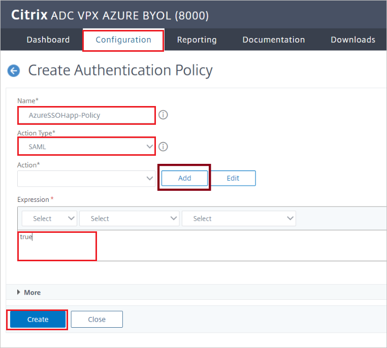 Capture d’écran de la configuration du connecteur Citrix ADC SAML pour Microsoft Entra - Volet Créer une politique d’authentification.