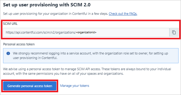 Capture d’écran montrant l’URL SCIM pour générer un jeton d’accès personnel.