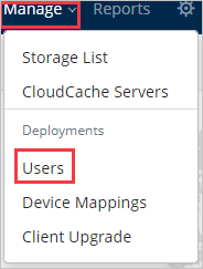 Capture d’écran de la console d’administration Druva. La gestion est mise en surbrillance et le menu Gérer est visible. Dans ce menu, sous Déploiements, les utilisateurs sont mis en surbrillance.