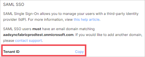 Capture d’écran de la section SAMLSSO dans la console d’administration Figma. Une étiquette d’ID de locataire et un lien adjacent indiquant Copy sont mis en évidence.