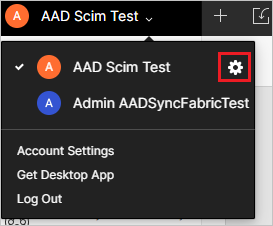 Capture d’écran de la console d’administration Figma. Un locataire nommé AAD Scim Test est visible. À côté du locataire, une icône d’engrenage est mise en évidence.