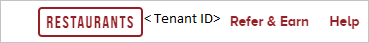 Capture d’écran du menu principal du portail d’entreprise Foodee. Un espace réservé ID de locataire est visible dans le menu.