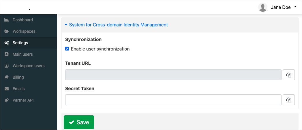 Capture d’écran de la section System for Cross-domain Identity Management dans la liste des paramètres.