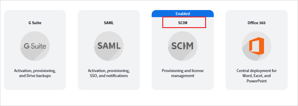 Capture d’écran de la console d’administration Lucidchart. Dans un grand bouton SCIM, le texte SCIM est mis en évidence et une bannière activée est visible.