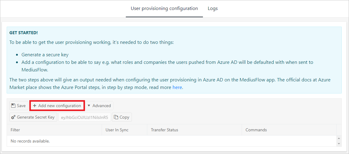 Capture d’écran de l’onglet Configuration de l’approvisionnement d’utilisateurs dans la console d’administration MediusFlow. Le bouton Ajouter une nouvelle configuration est mis en évidence.