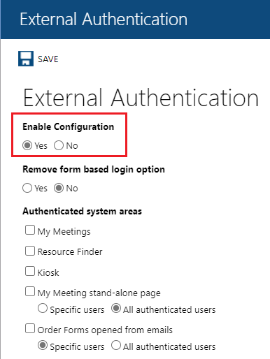 Capture d’écran qui montre l’option Enable Configuration sélectionnée dans le volet External Authentication dans Resource Central SAML SSO for Meeting Room Booking System.