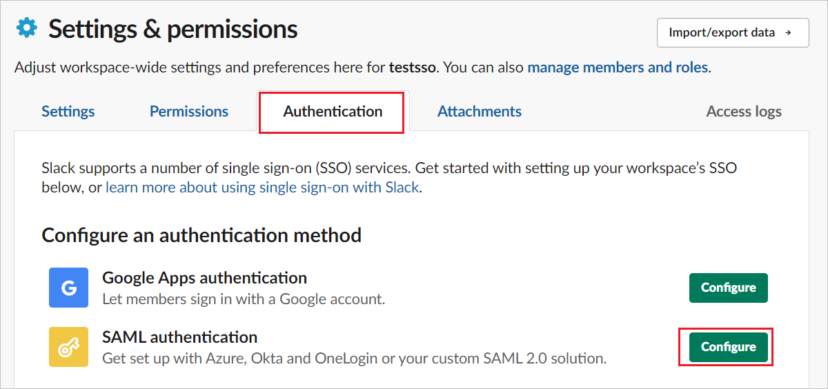 Capture d’écran de configuration de l’authentification unique dans les paramètres d’équipe.