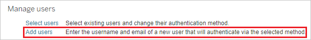 Capture d’écran montrant la section Manage users où vous pouvez sélectionner Add users.