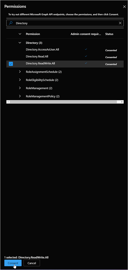 Capture d’écran des autorisations de Microsoft Graph